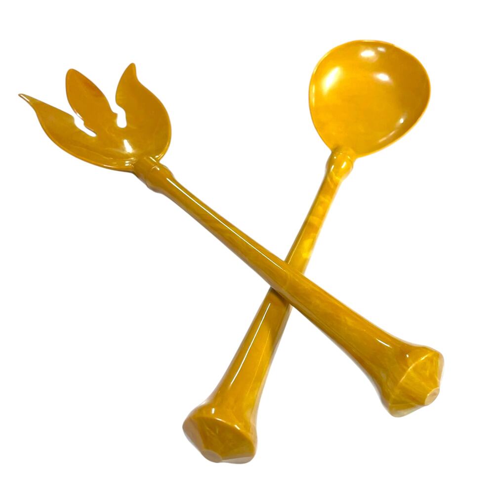 Vintage 70s Melamine Salad Servers Yellow Gold Marbled MCM Spoon Fork Set